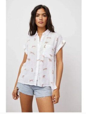 NWT Rails Whitney Playful Cheetahs Linen Blend Button-Down Shirt White Medium